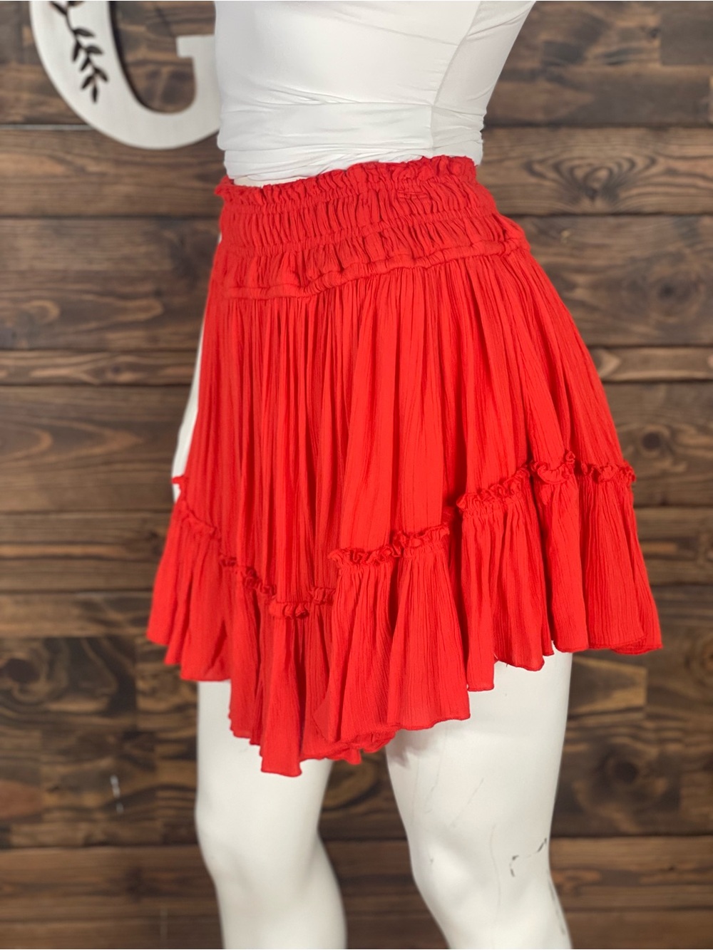Free People | Hooked On You Red Asymmetrical Ruffle Mini Skirt Tiered Flowy